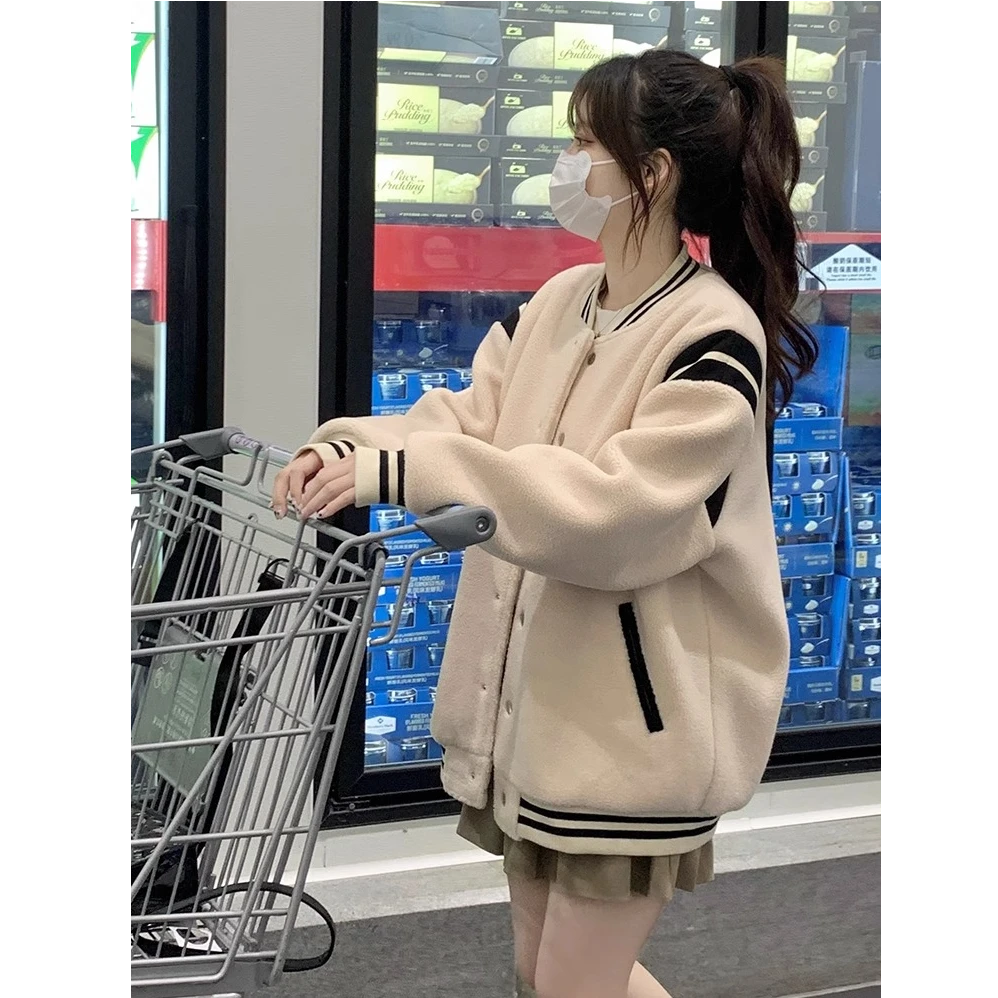 冬季休闲加绒棒球服女2025秋冬外套厚外套百搭卫衣琥珀流光穿搭