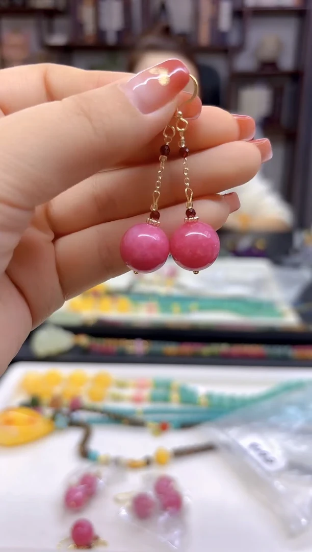 【闪购商品】菱锰矿（红纹石）耳坠14K金镶嵌E613