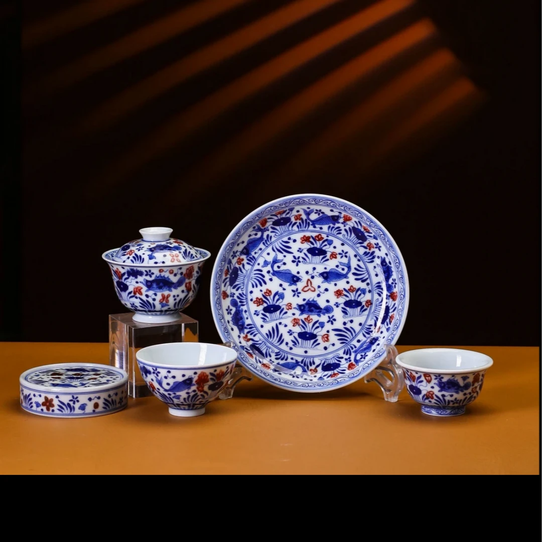 景德镇手工手绘柴窑青花釉里红盖碗鸡心杯壶承压手杯壶承