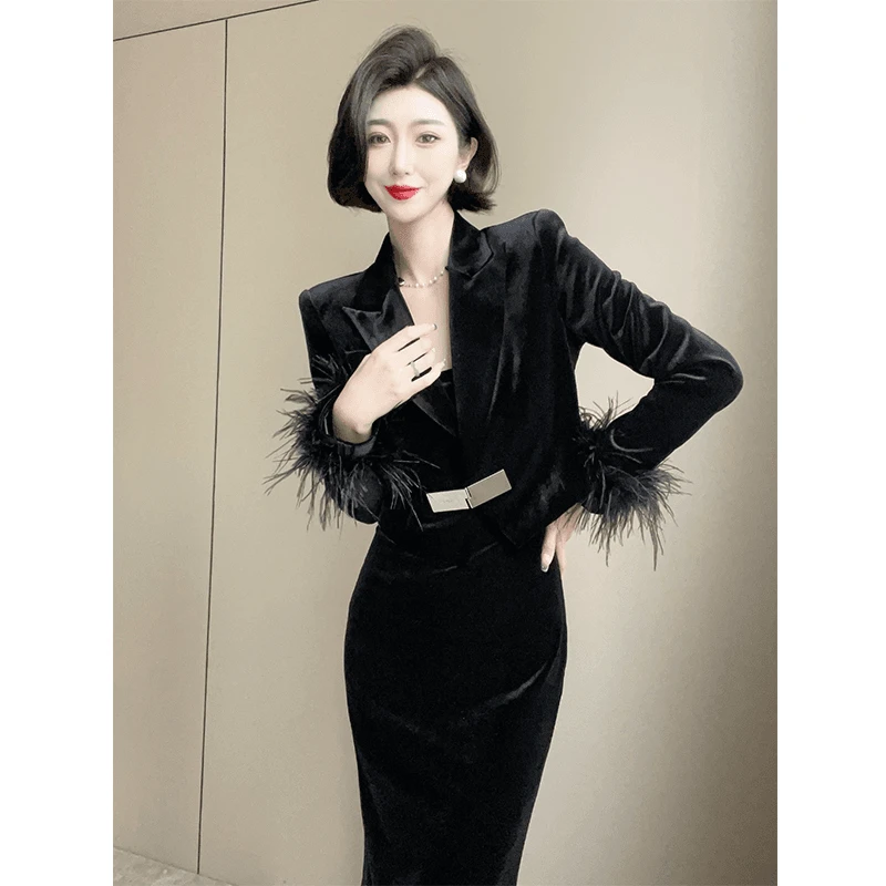 高档女装外套秋冬短款长袖气质西装毛毛法式时髦两件套9213