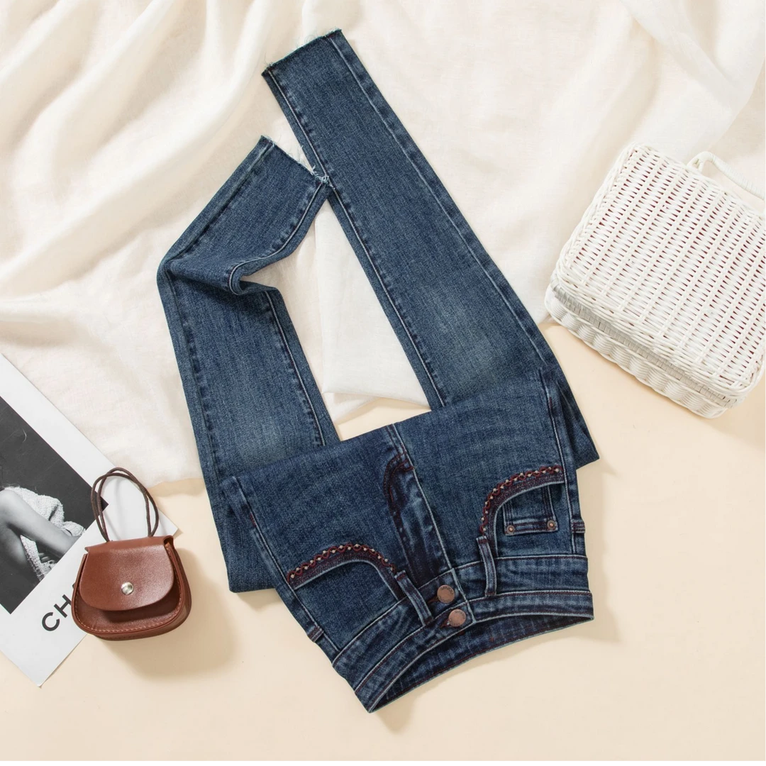 复古蓝刺绣高腰修身铅笔牛仔裤女士秋冬款百搭弹力显瘦小脚裤毛边