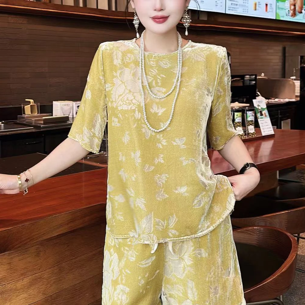 【陌上开花短袖】春夏轻奢金线桑蚕丝丝绒烧花宽松圆领气质上衣女
