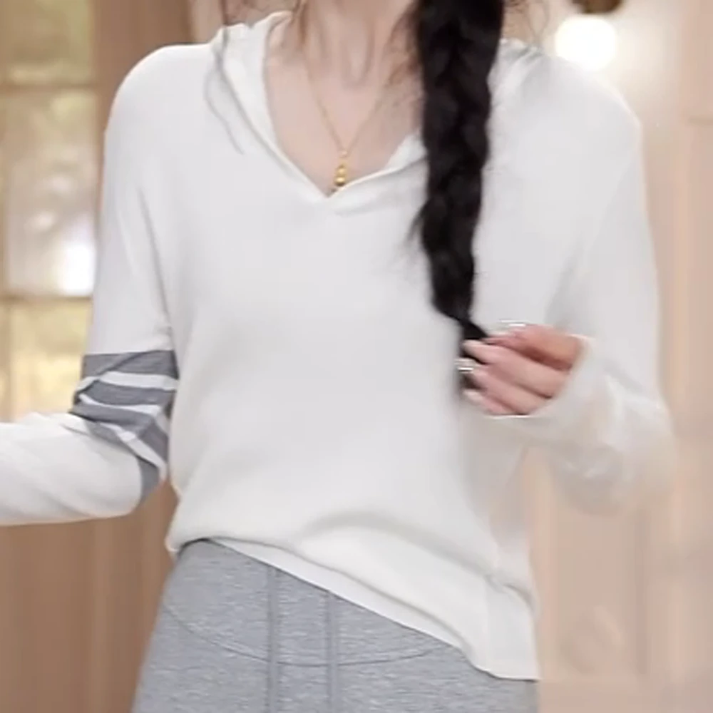 夏季新款四条纹帽衫长袖T恤白色显瘦休闲简约百搭宽松时尚