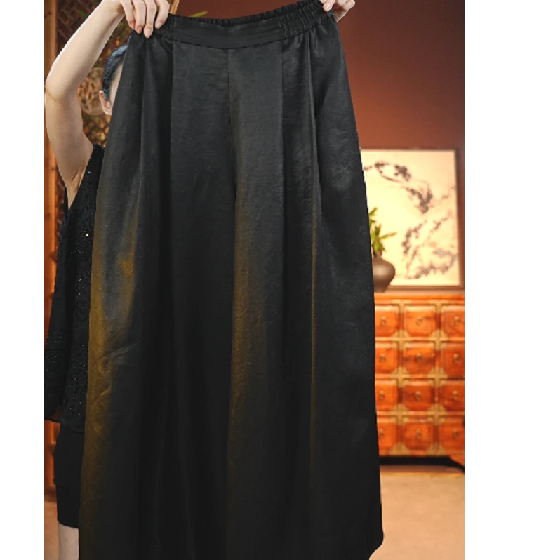 皮子料80姆米纹香云纱真丝松紧腰中式气质显瘦裤子A-TY-24117