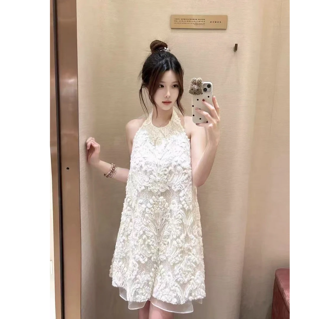 露背连衣裙2025夏季新款法式千金公主裙后背蝴蝶结挂脖蕾丝短裙子