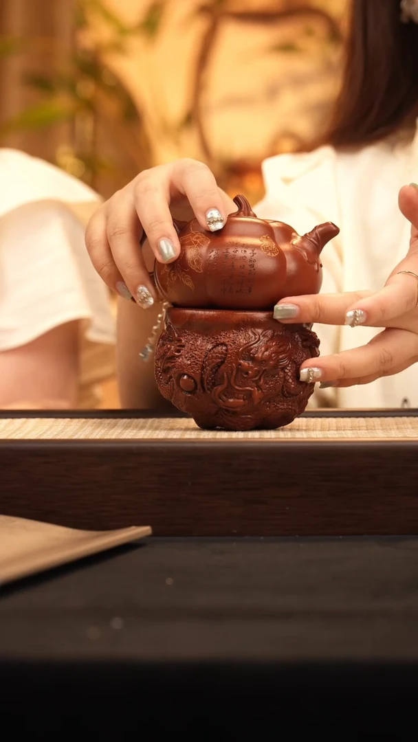 茶壶紫砂YF喜乐南瓜 红泥-龙杯