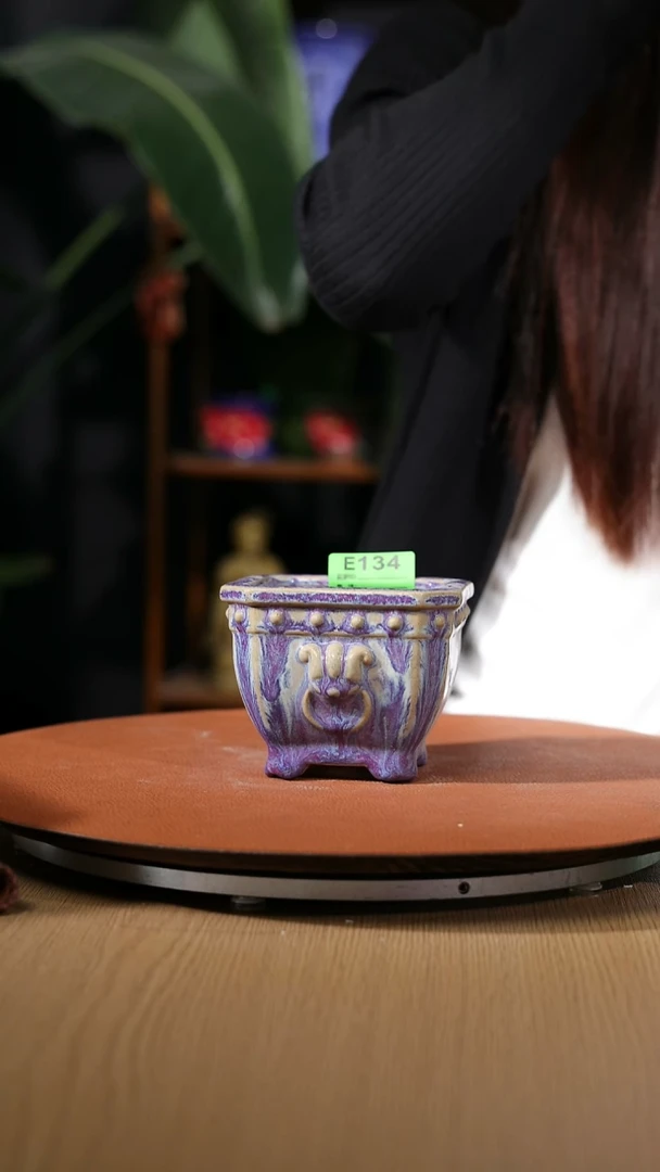 【石湾花盆4.5寸切角兽头盆134 优品紫窑变