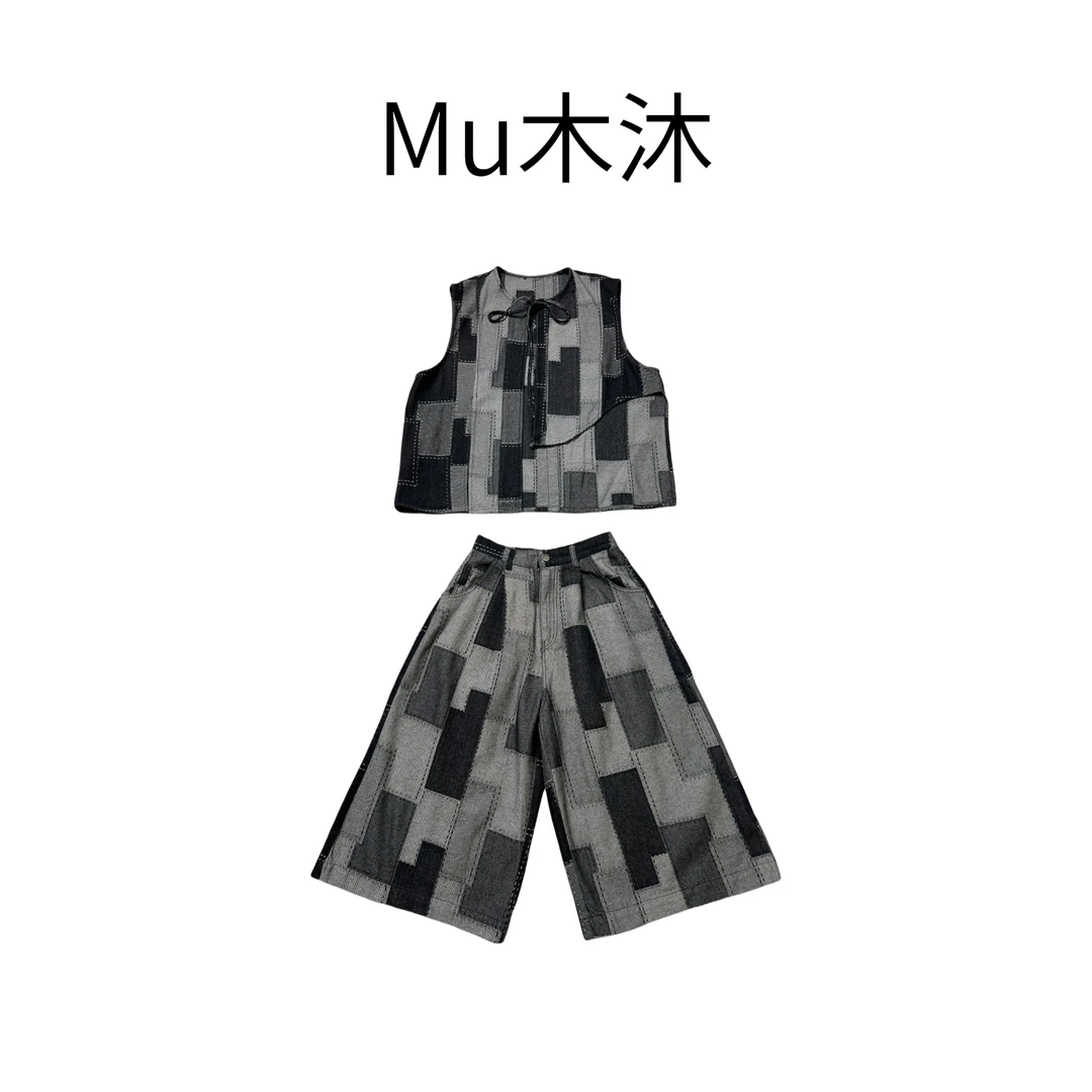 Mu木沐♠新品绑带拼接牛仔马甲拼接牛仔七分裤套装