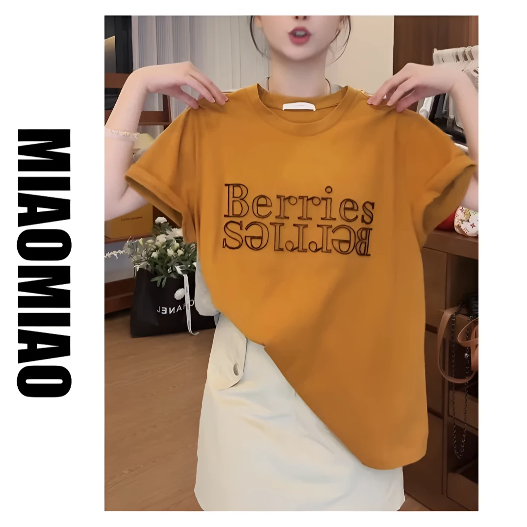 【苗苗】8161大码独特别致上衣设计感小众灰色字母刺绣短袖t恤女