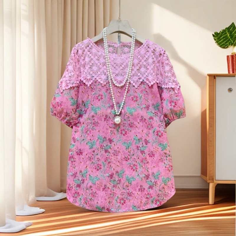 大码女装夏季镂空刺绣T恤衫配接蕾丝宽松洋气简约上衣胖mm时尚潮