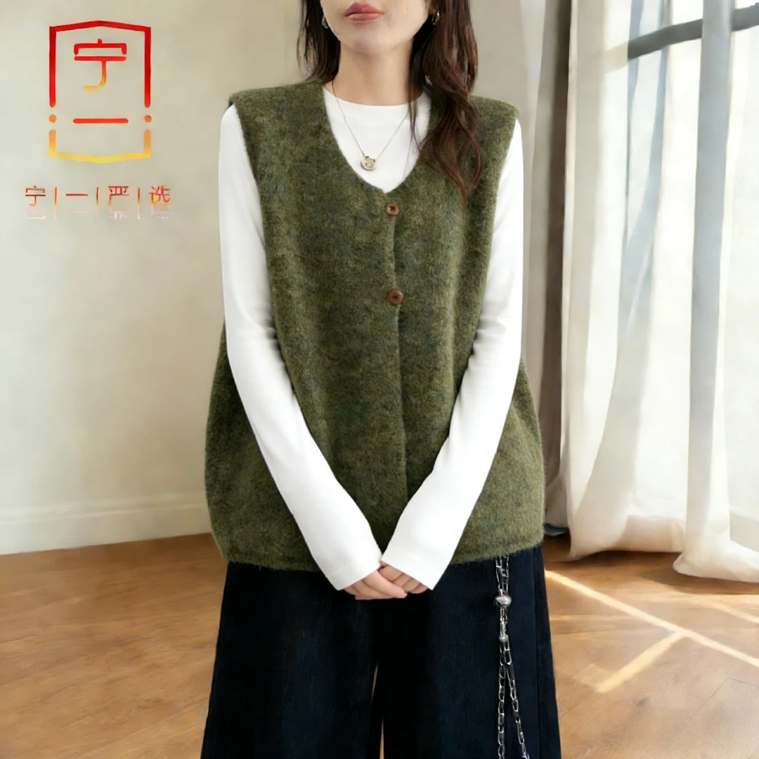 【宁一女装】复古针织马甲两粒扣开衫叠穿背心无袖开叉毛衣纯色上衣
