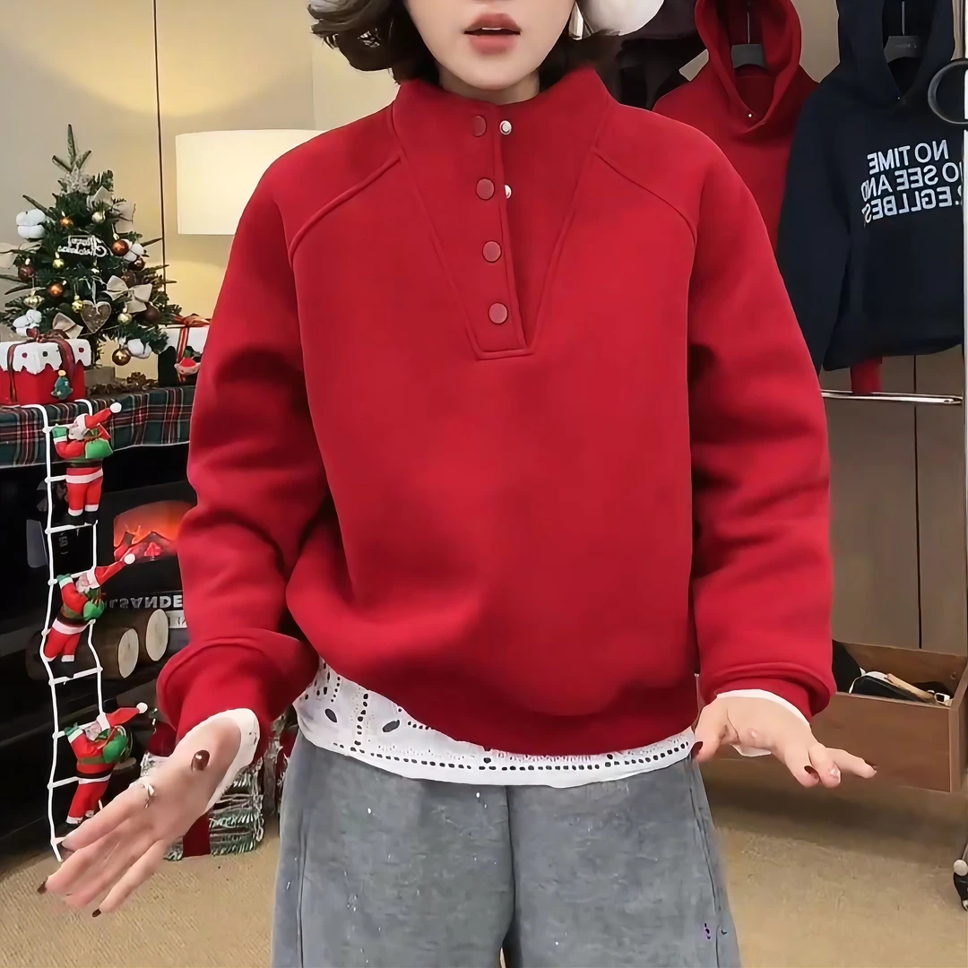 新款秋冬百搭加绒半高领插肩短款休闲短款卫衣LK2500980