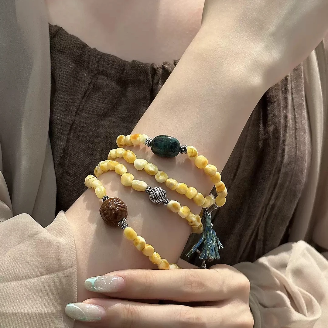 S11210<非晚>s925银随型蜜蜡松石紫金鼠兽面多圈弹力手串多样性发