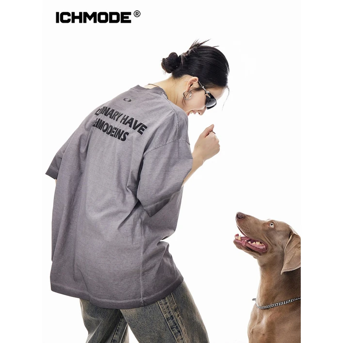ICHMODE 美式水洗渐变短袖T恤女夏2025新款宽松复古百搭半袖上衣