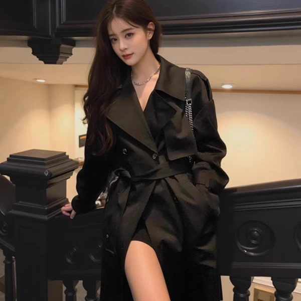 黑色风衣外套女2025早春秋新款英伦风高级感小个子气质赫本风大衣