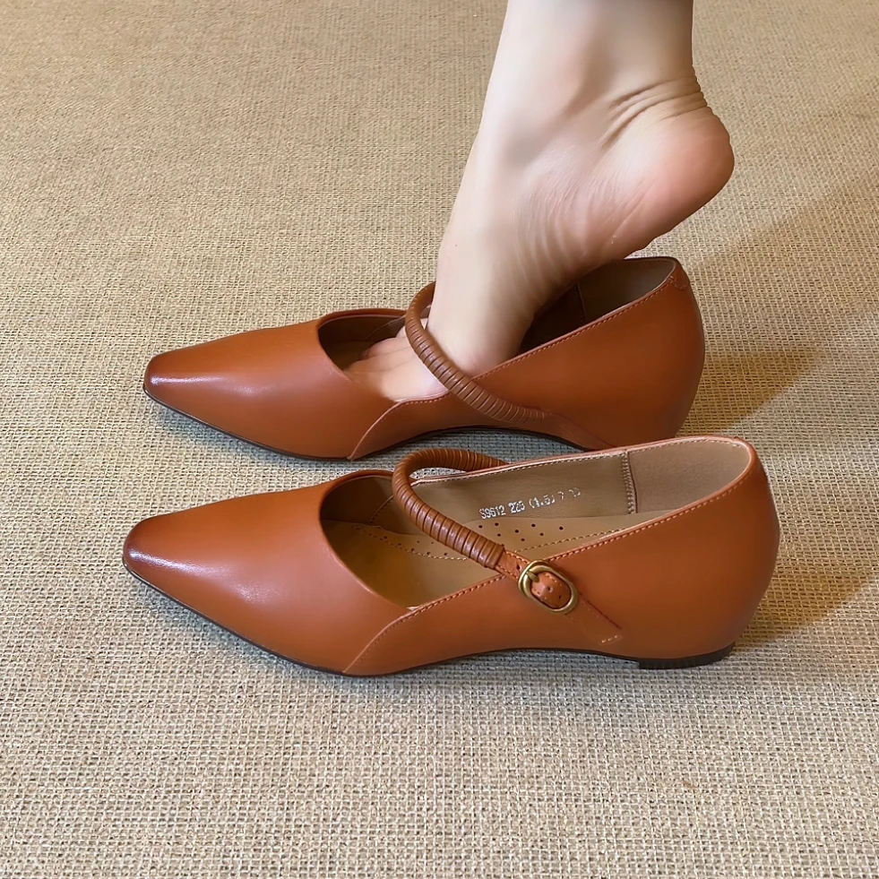 RubyL/3.5cm法式优雅简约百搭一字扣带方头浅口内增高玛丽珍单鞋