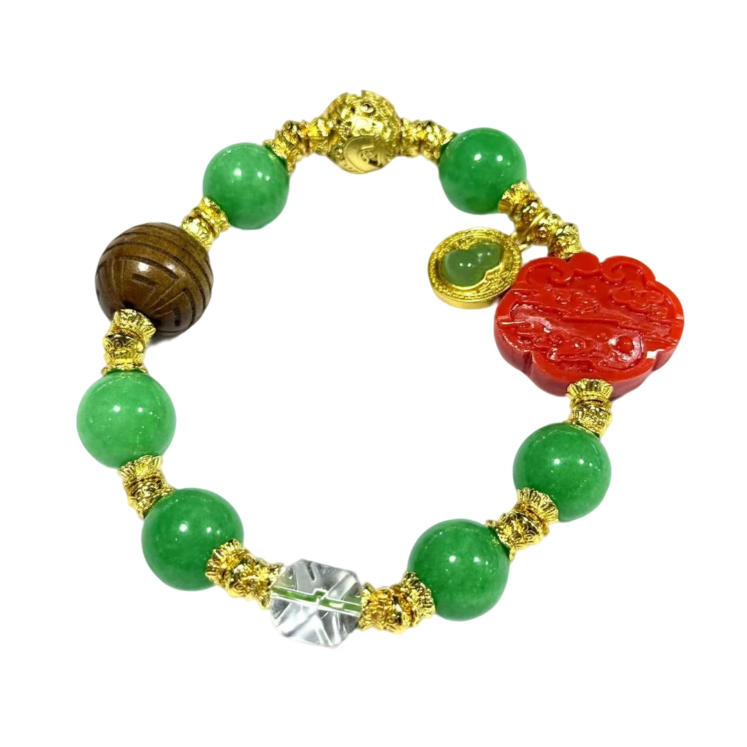 s1412-国风设计款三姑娘如意手串-金宝绿圆珠手串-赠礼盒