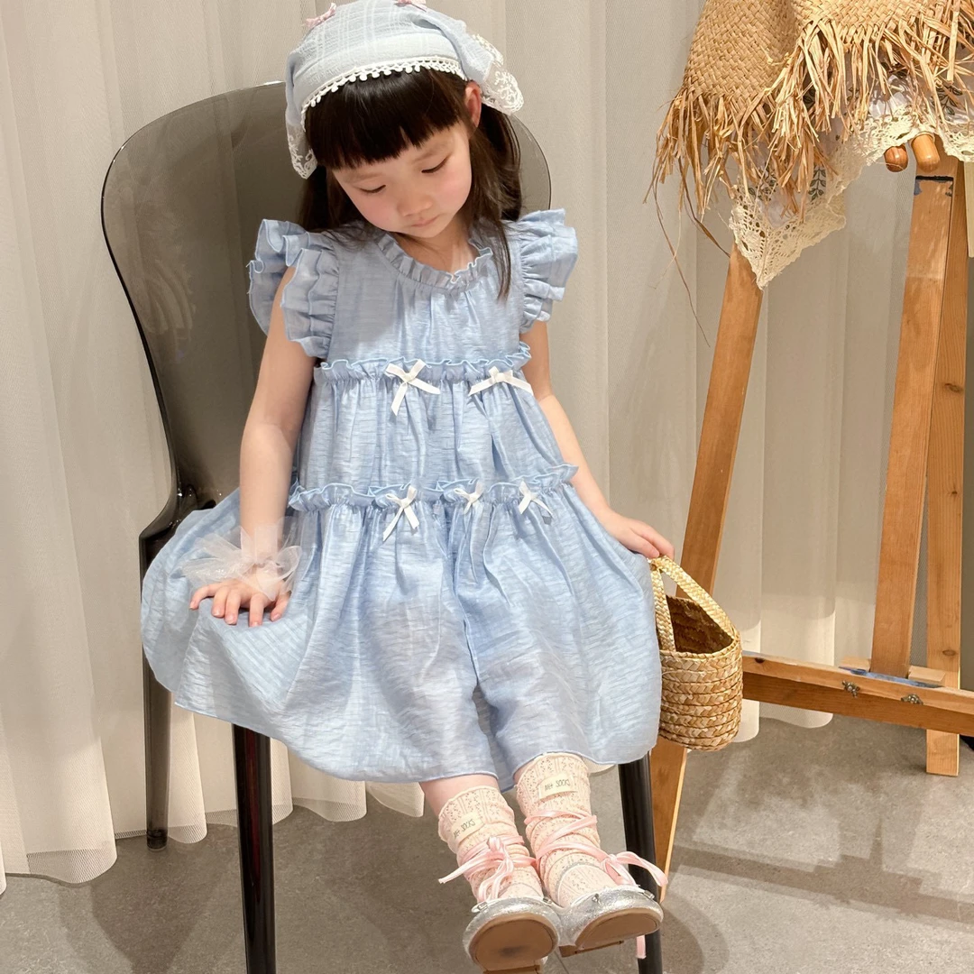 小惜亦韩版女童套装2025夏季公主风小飞袖连衣裙手工蝴蝶结公主裙
