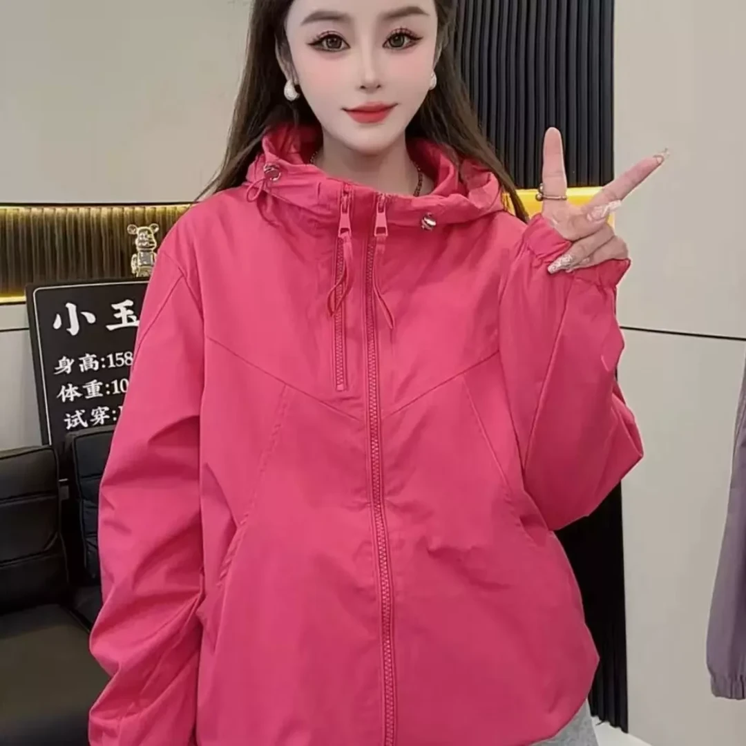 双拉链连帽冲锋衣女小个子休闲短款宽松短外套上衣