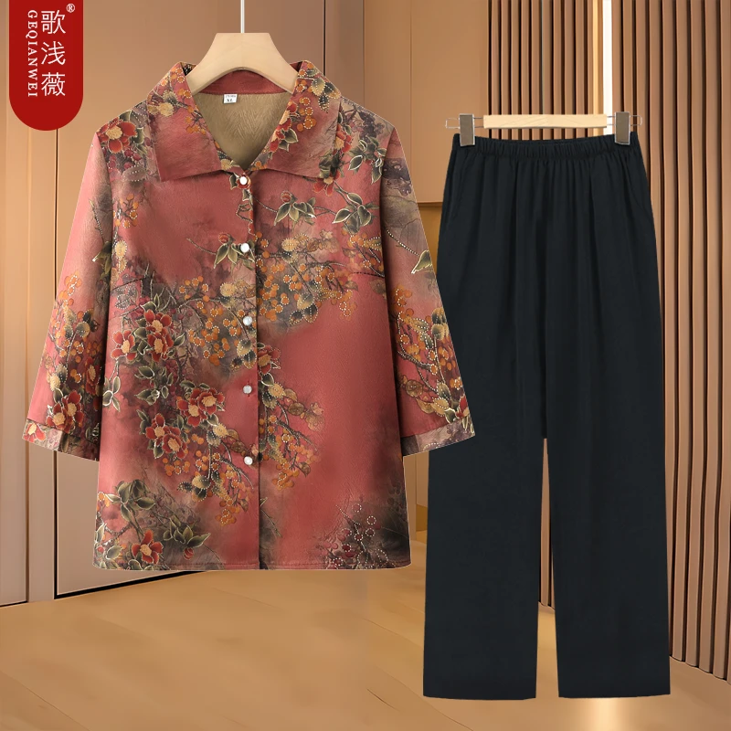 奶奶夏装衬衫中老年人七分袖上衣女妈妈装春夏新款老太太翻领衬衣