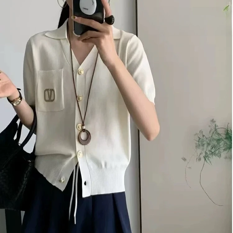 上衣薄款设计感针织衫时尚夏季气质短款休闲百搭小众宽松v领