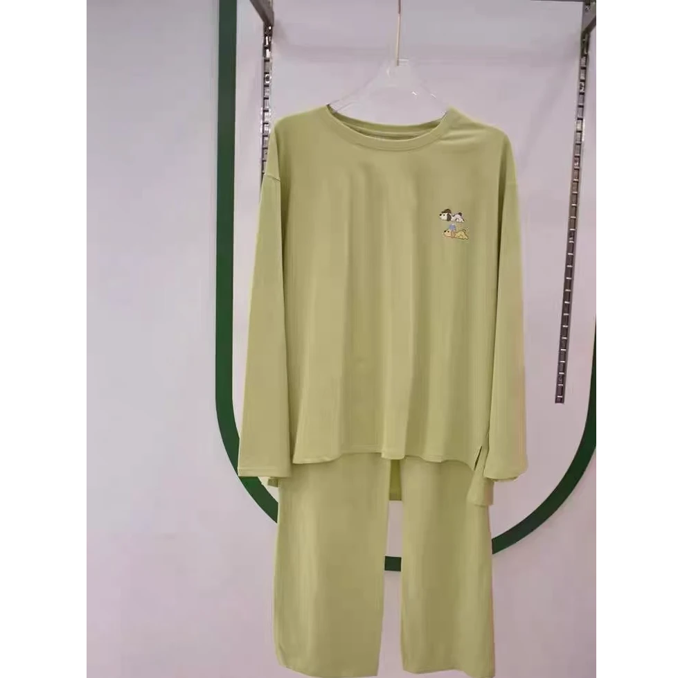 棉感绿色圆领上衣均码+有码裤子  家居服套装女    28833