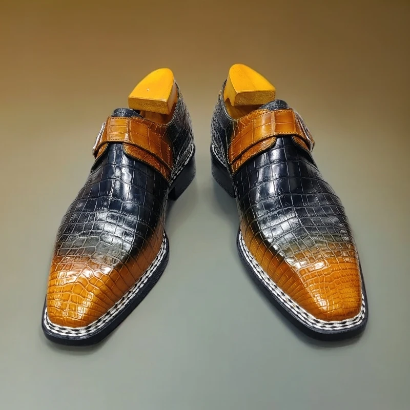 擦色乌木渐变棕纯手工挪威缝尼罗鳄鱼皮男士时尚方头孟克鞋乐福鞋