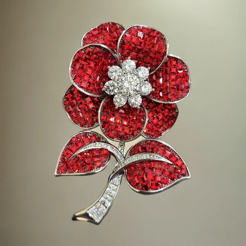 铜合金锆石胸针 红色30788轻奢秋冬大红花朵胸针精致百搭胸花高档
