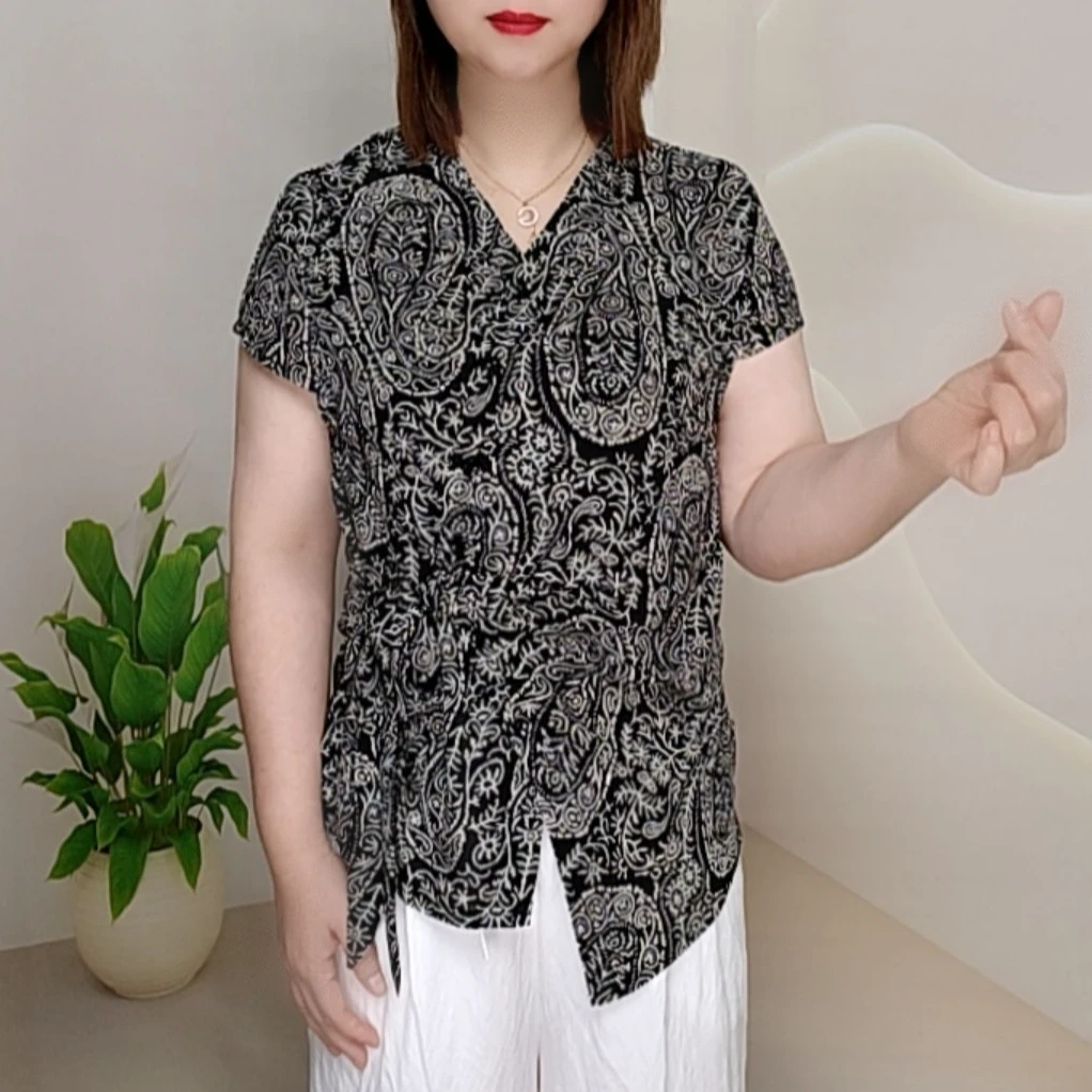 时尚洋气百搭V领印花开衫扣短袖绑带高贵气质小衫修身显瘦上衣女