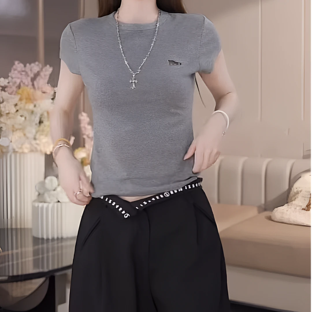 正肩kitt镂空刺绣短袖T恤女夏季设计感小众收腰显瘦短款辣妹上衣