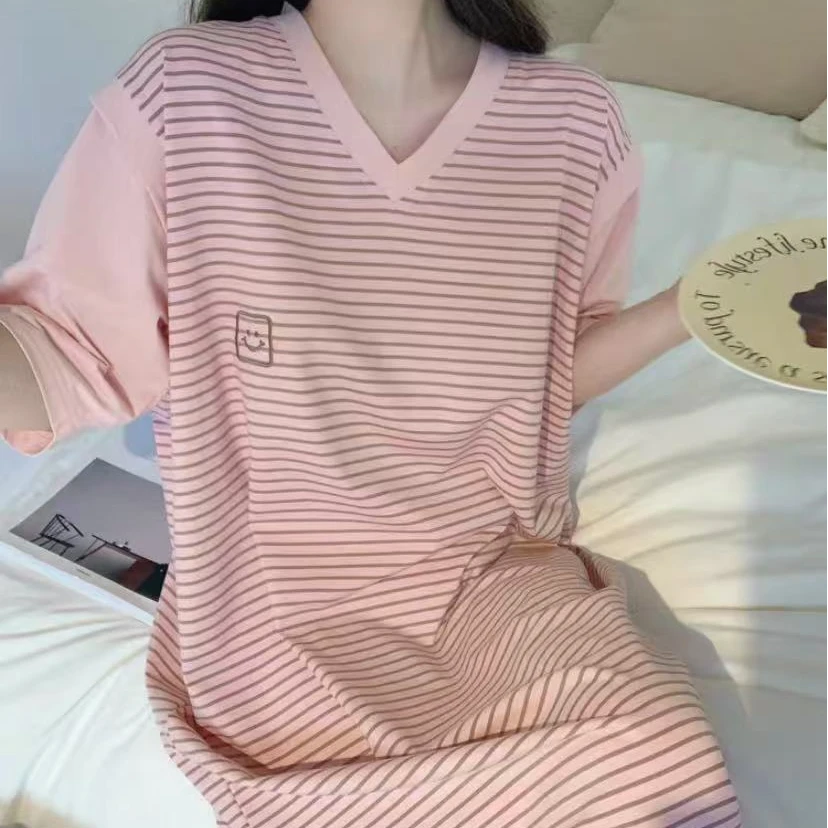 夏季新款女士睡裙宽松休闲可爱短袖长裙棉质卡通薄款家居服睡衣