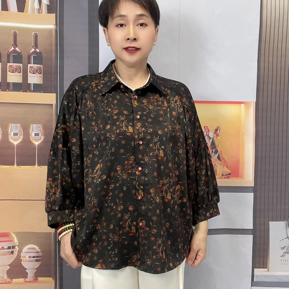 妈妈装碎花洋气衬衫中老年女装薄款大码时尚蝙蝠七分袖衬衫夏季