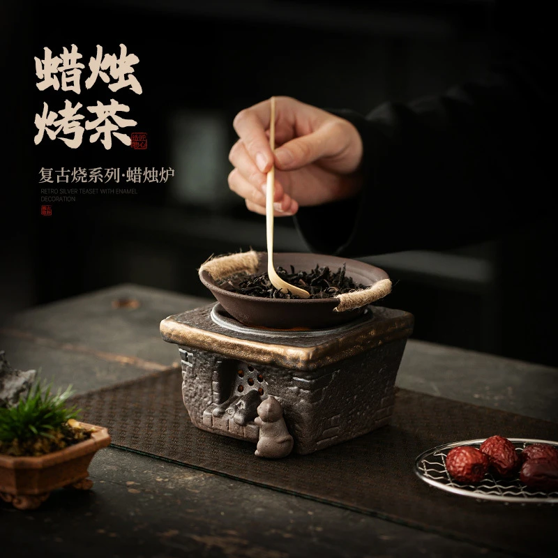 静霖 古早烧猫咪烧柴炉灶 粗陶鎏金加热温茶器手工炒茶炉
