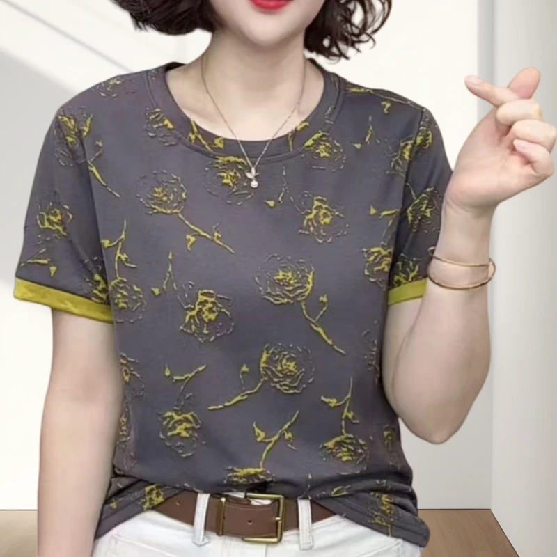 夏季新款时尚洋气百搭圆领减龄显瘦短袖小衫时髦设计感印花T恤衫