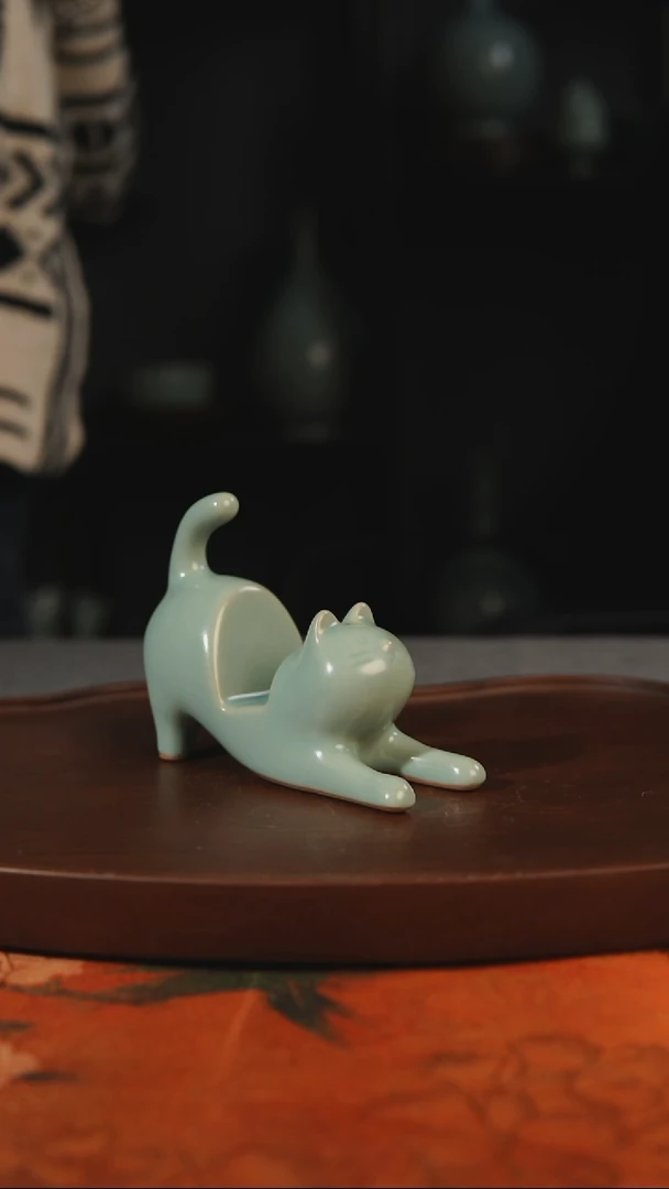 杯子猫摆件 汝州原产地原矿仿古老釉