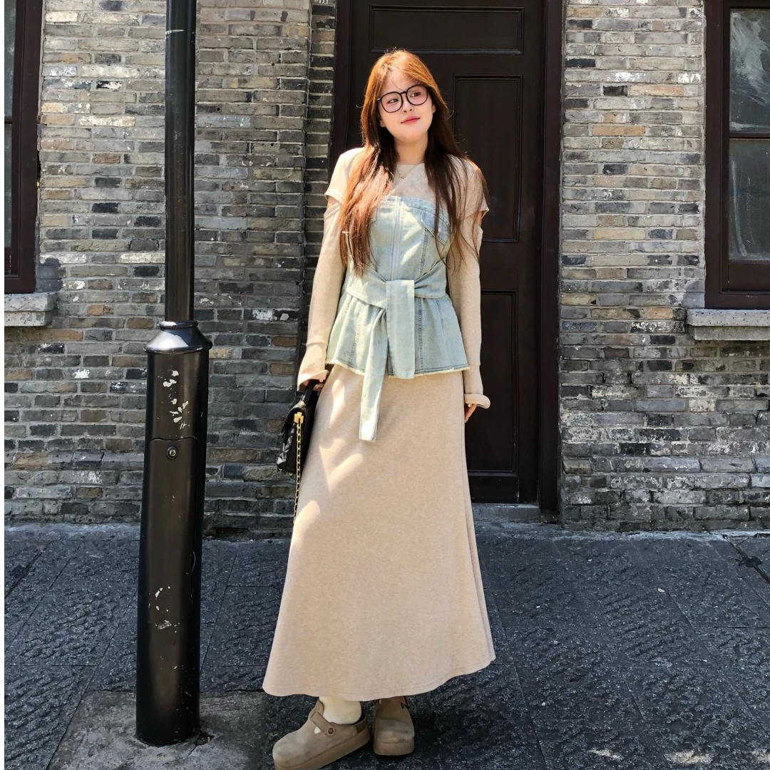 盈盈&南岛风大码女装拼接牛仔上衣秋胖mm宽松半裙长裤套装ZYY2181