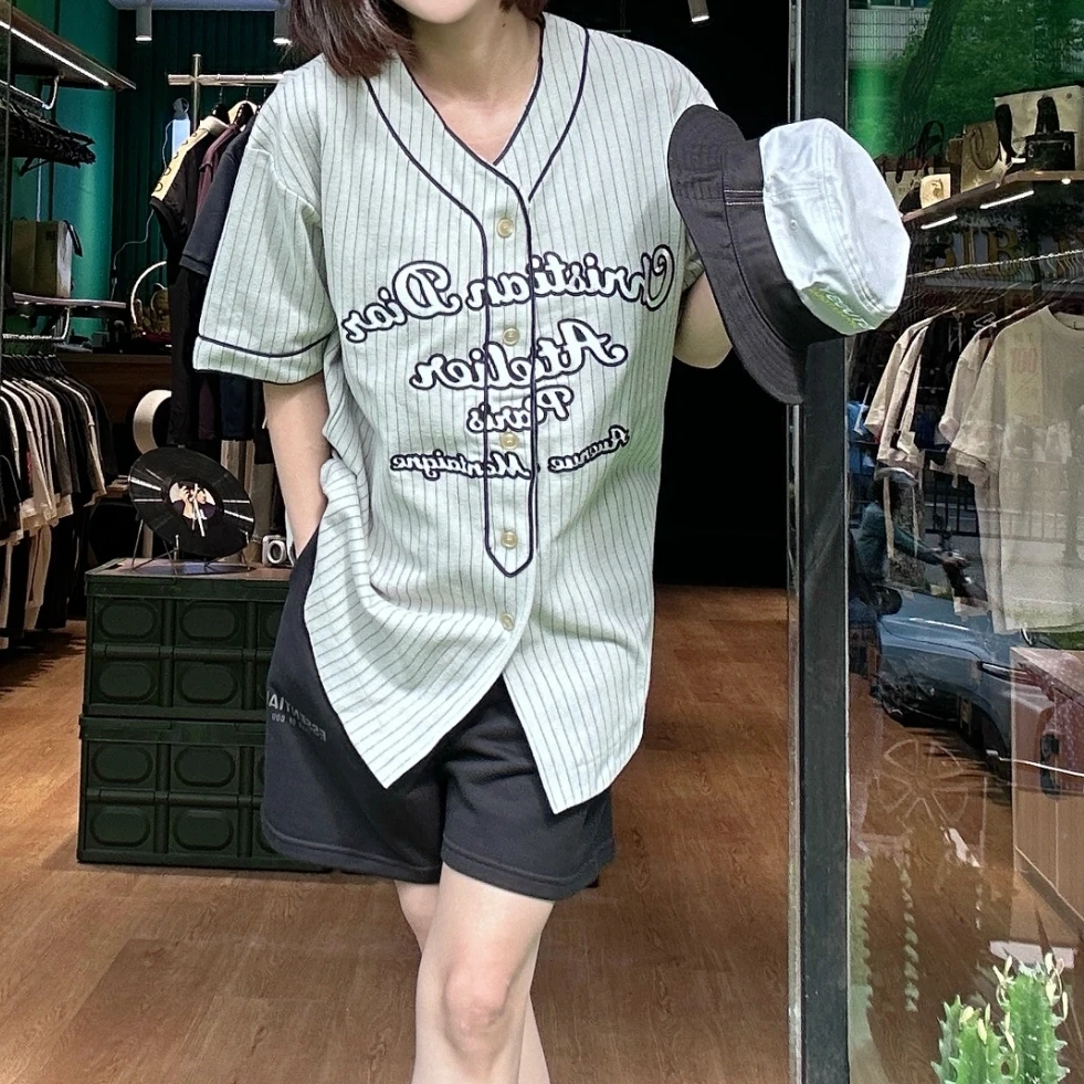 全新未使用 DIOR/迪奥 条纹单排扣V领短袖衬衫 灰色/XS