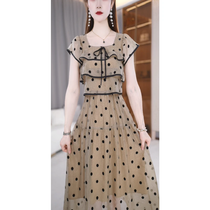 【连衣裙】夏季新款方领纯色波点休闲减龄中长款连衣裙M-4XL
