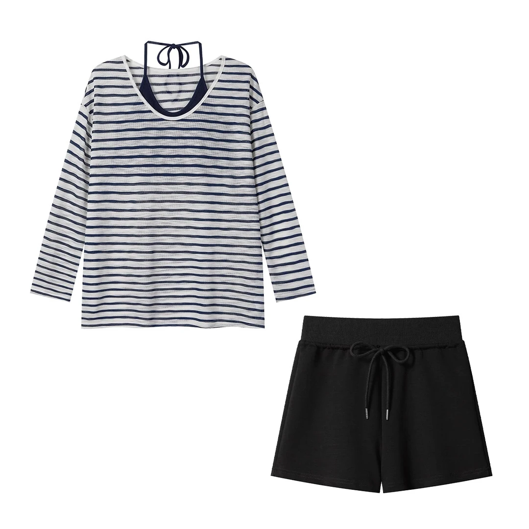 羊城故事-条纹吊带罩衫休闲短裤套装女新款慵懒风三件套8100-5