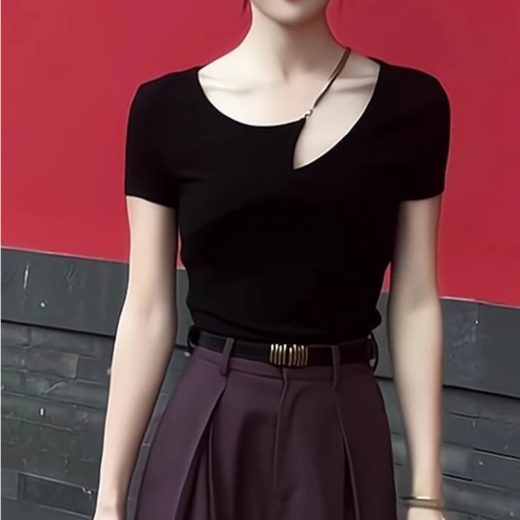 不规则露锁骨设计感黑色短袖T恤女夏季时尚显瘦设计感小众上衣潮