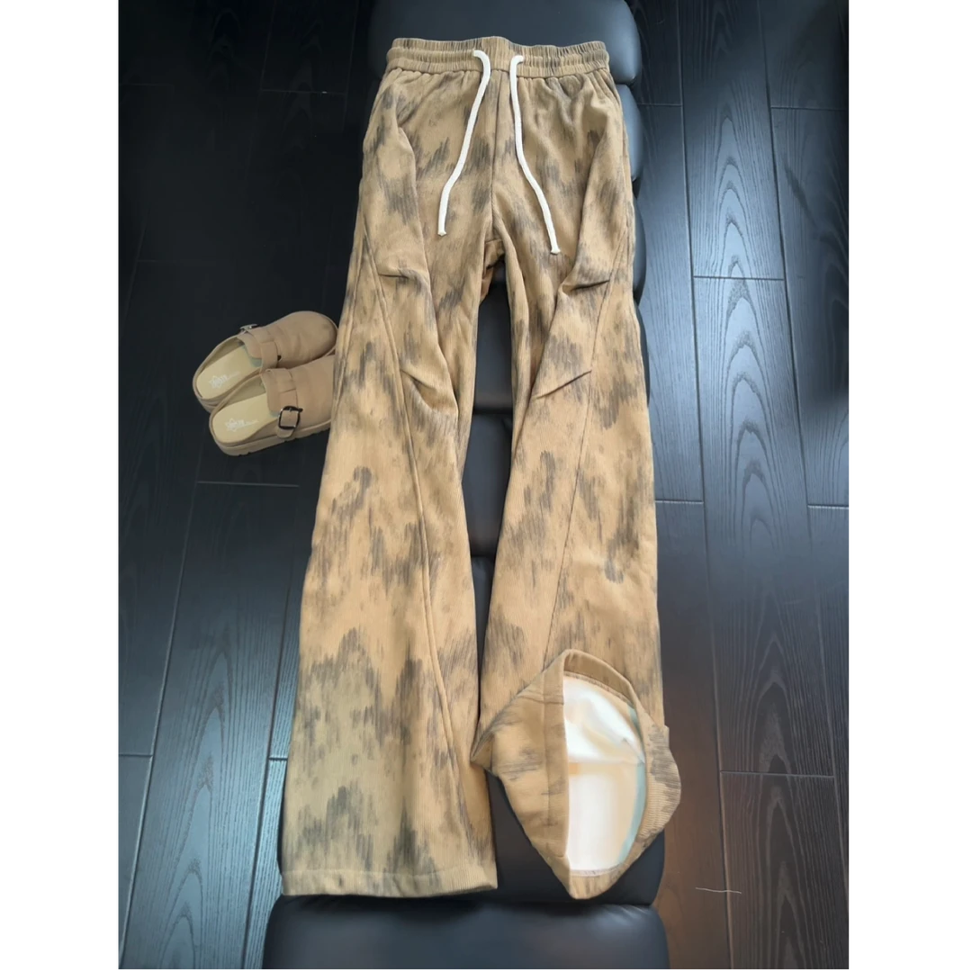 美式打褶扎染灯芯绒休闲裤男秋冬加绒保暖垂感裤子复古斜切直筒裤