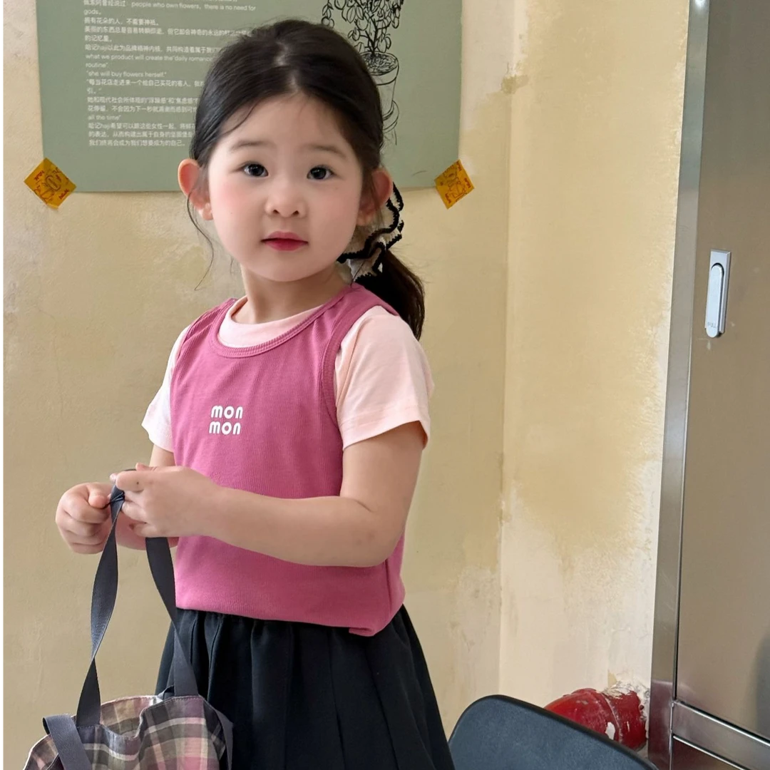 2025夏季新款童装女童字母印花背心+短袖T恤2件套