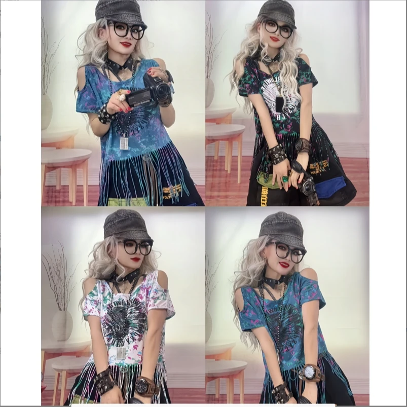 设计感小众潮牌短袖T恤女宽松休闲下摆流苏露肩纯棉时尚上衣女