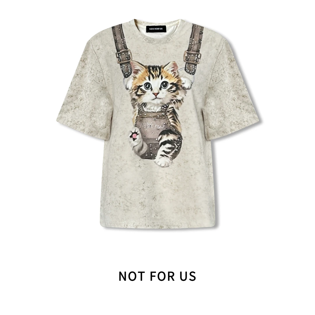 NOT FOR US 卡其色猫咪“引体向上”短袖