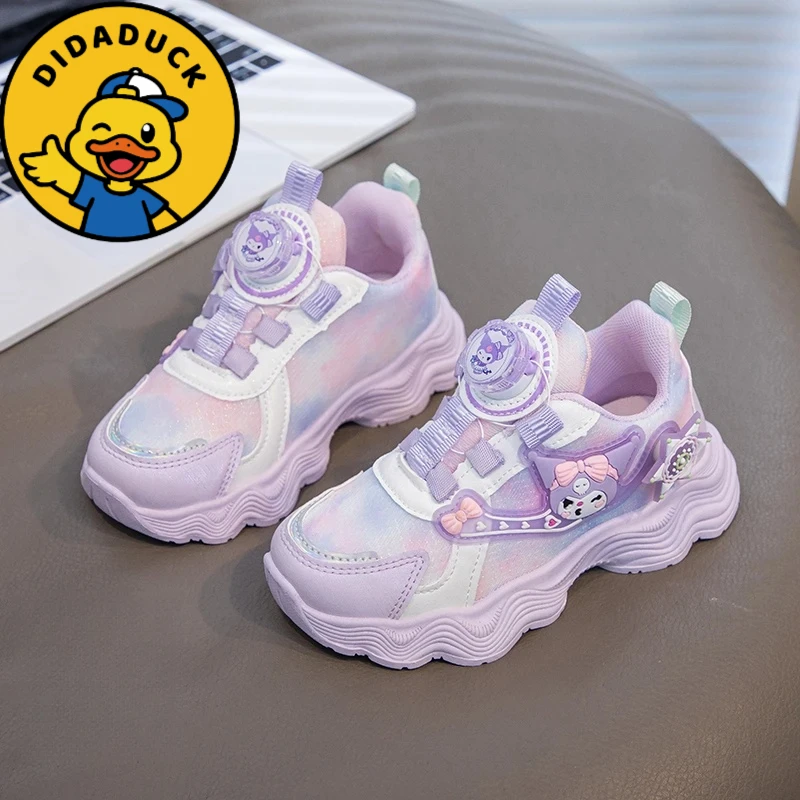 小黄鸭库洛米女童鞋子网面透气运动鞋春秋2024潮款旋转扣女孩软底