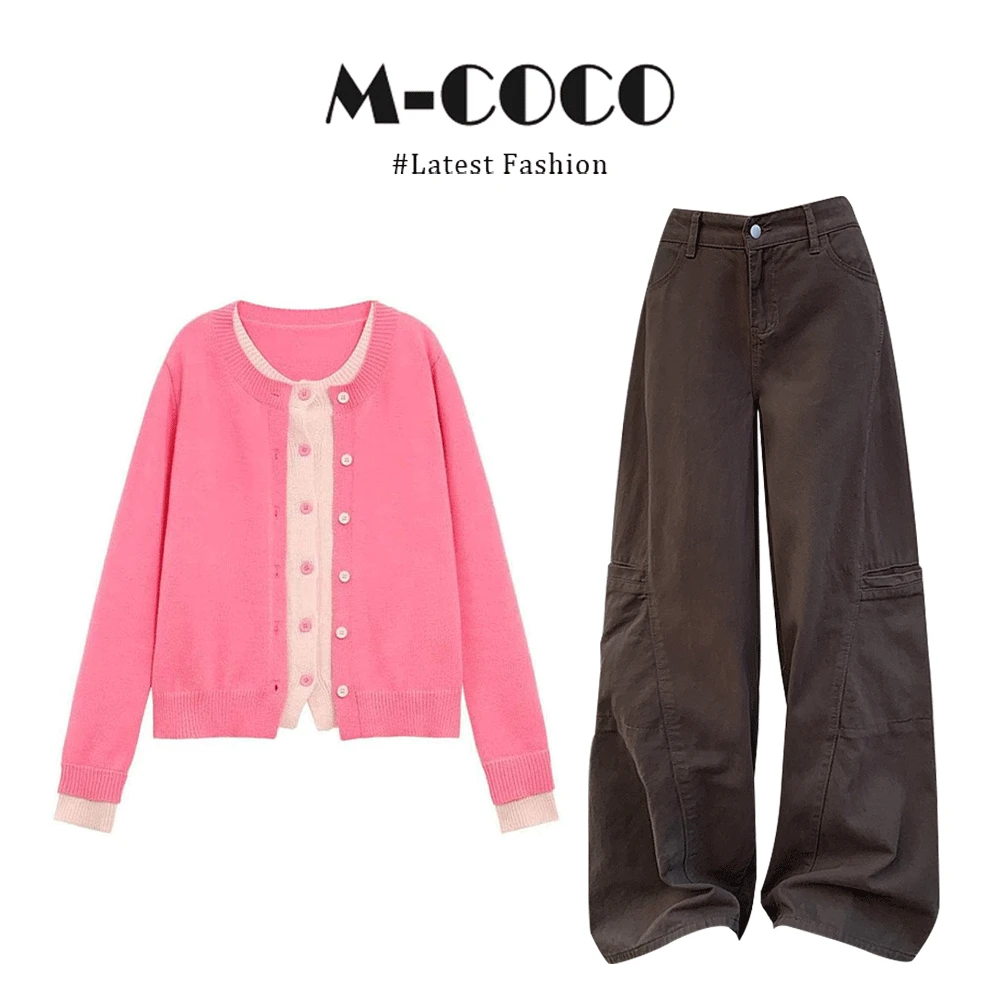MARIE.COCO法式时尚印花修身针织开衫上衣宽松阔腿百搭休闲裤套装