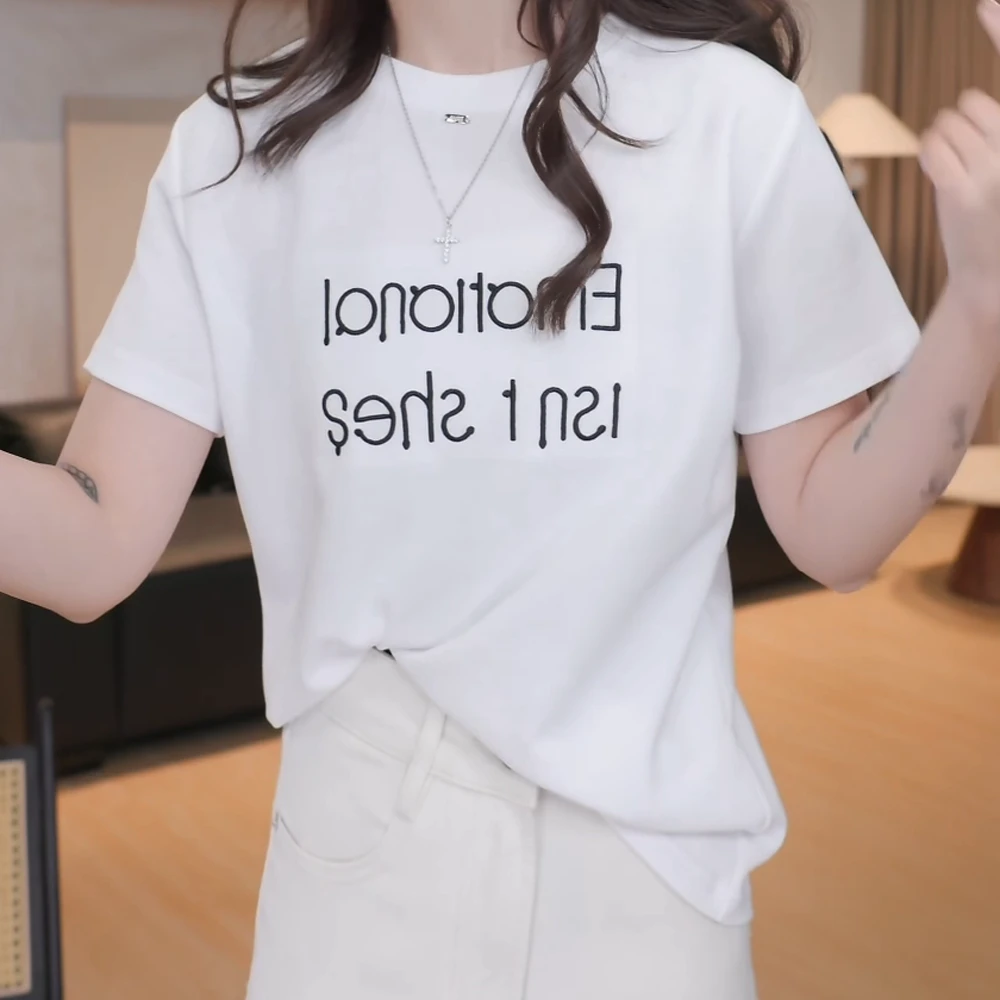 夏季新款洋气减龄宽松圆领立体刺绣字母T恤短袖白色百搭上衣