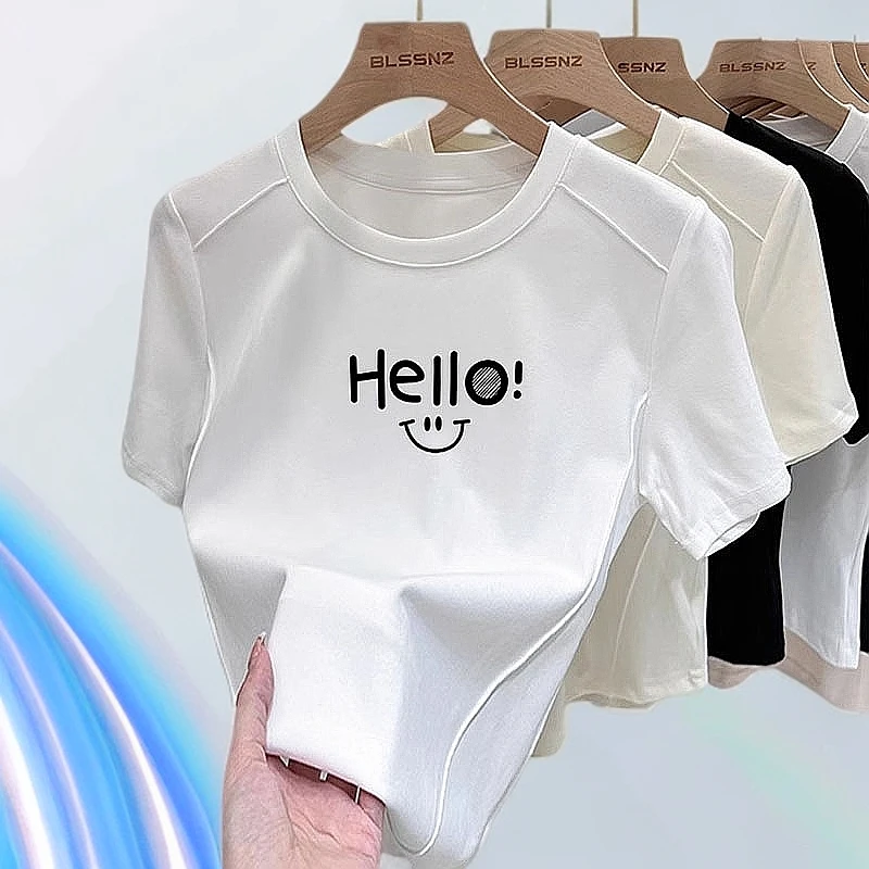 百搭正肩短袖t恤女夏半袖新款短款上衣不规则欧若风修身鱼骨上衣