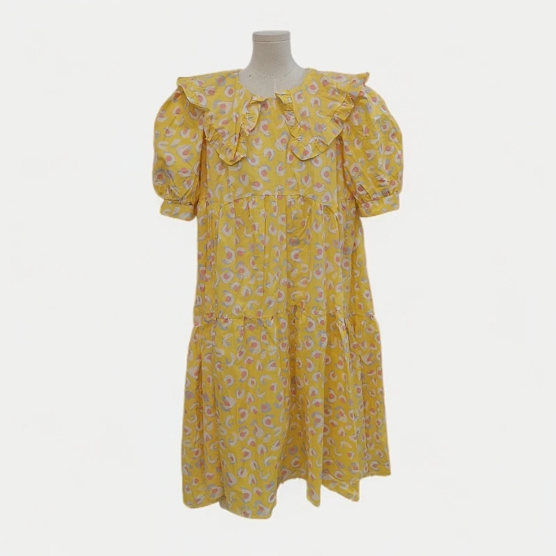 春夏娃娃领加长连衣裙甜美荷叶边大码蛋糕裙宽松居家外穿碎花