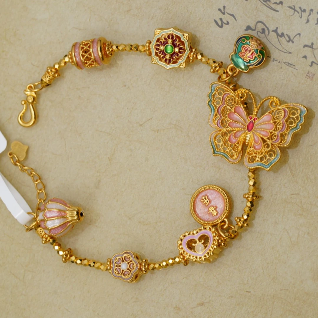 足金999珐琅彩花丝大蝴蝶粉色气球福袋爱心手链PC3015